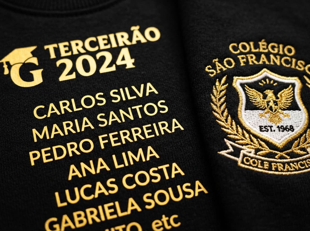 Detalhes da estampa DTF HD e bordado com nomes individuais para terceirão