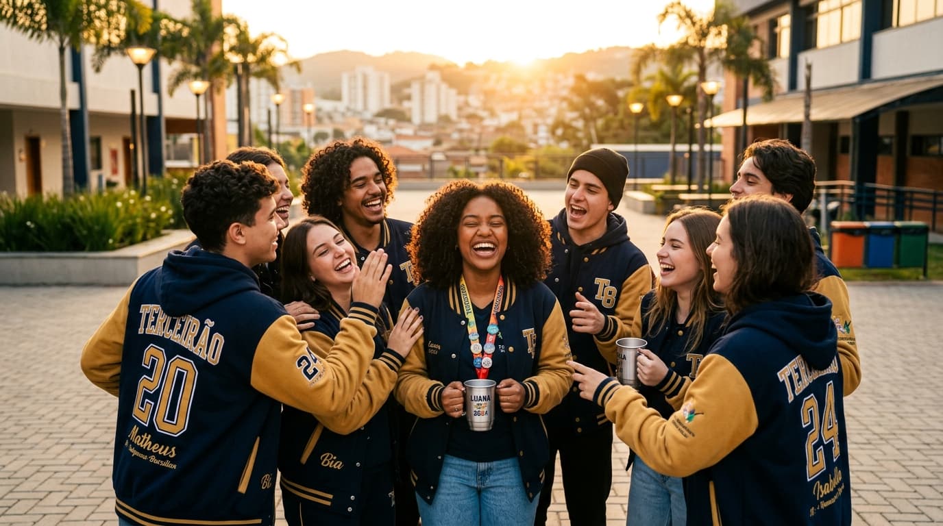 Turma de Terceirão com moletons personalizados da Tenório Confecções